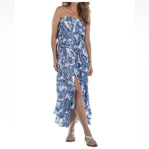 Strapless Hi Low Midi Sundress Dress Blue White Elastic Top and Waist NWOT